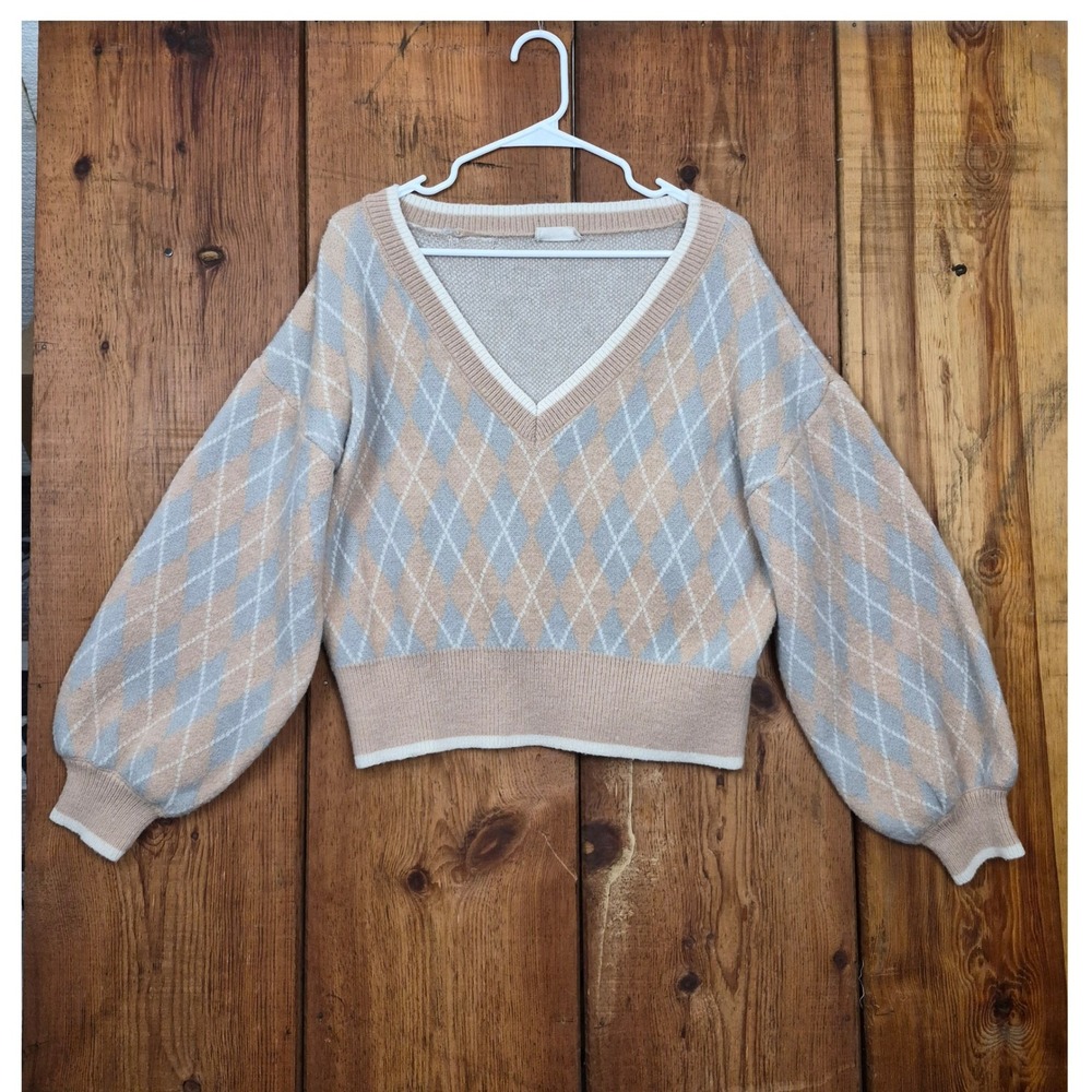 Altar'd State Argyle Cropped Sweater Tan Grey V-Neck Balloon Sleeve Medium